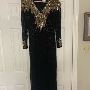 Oleg Cassini sequin on silk dress. Black and gold vintage long dress open back